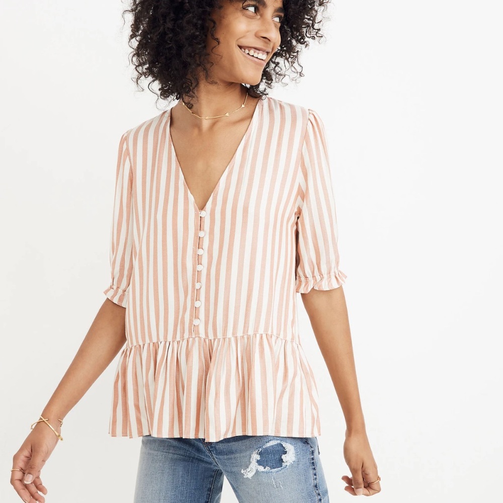 Madewell Courtyard Ruffle-Hem Pink White Striped V Neck Peplum Short Sleeve Top